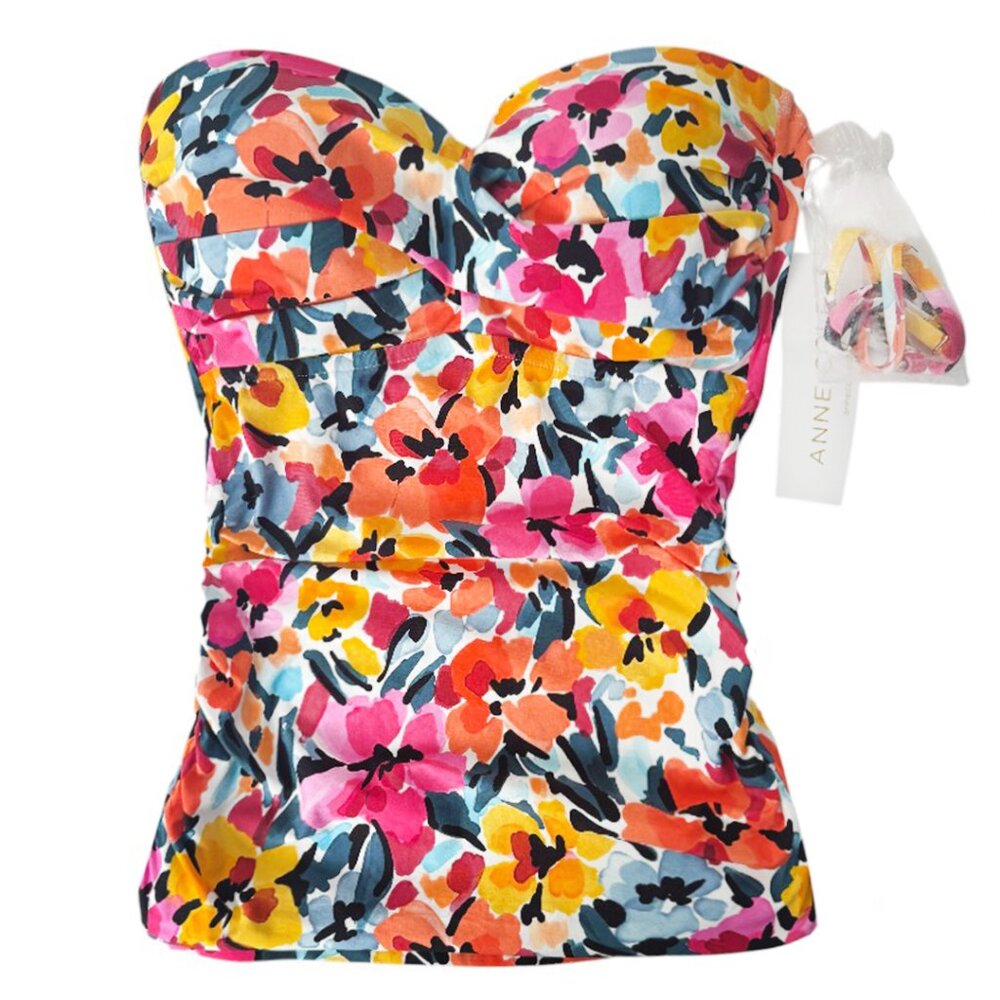 ANNE COLE TWIST FRONT RUCHED BANDEAU TANKINI TOP SUNSET FLORAL RESORT SWIM MED